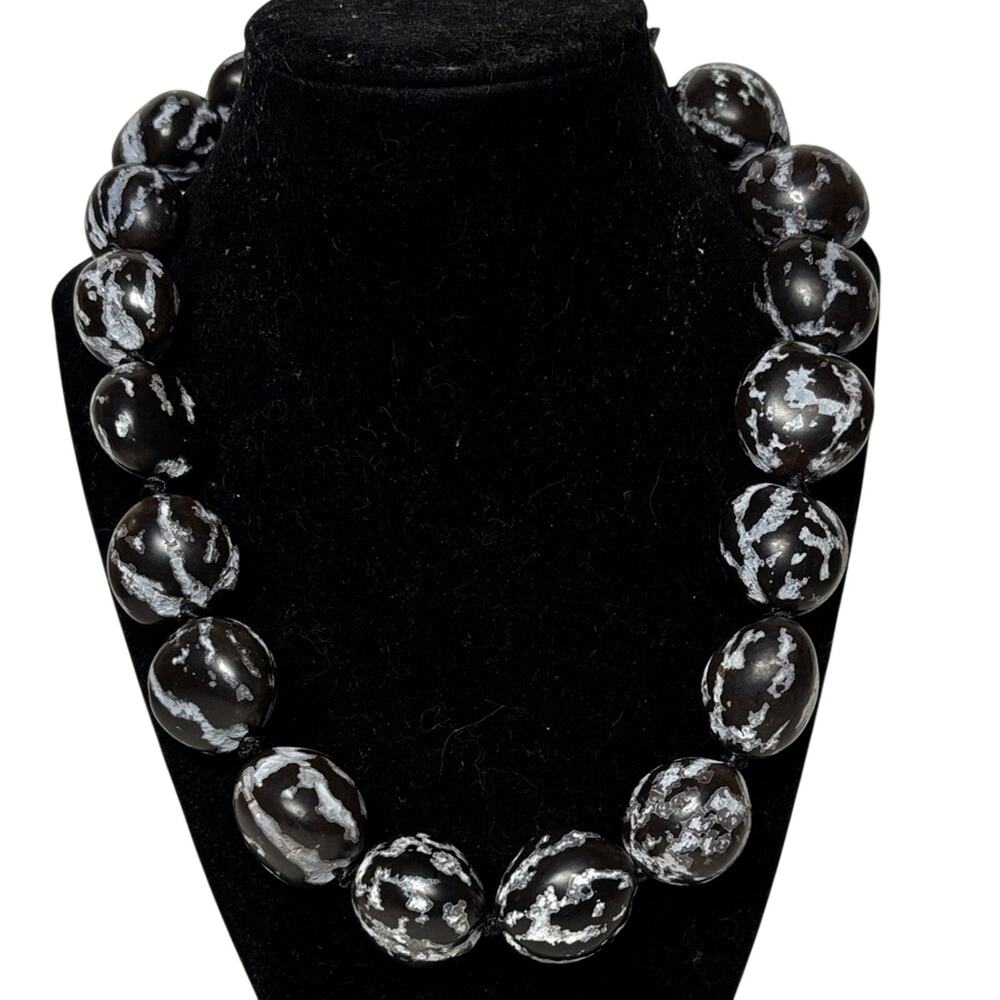 Large Organic Black Bead Necklace White Marbled Pattern Boho Statement